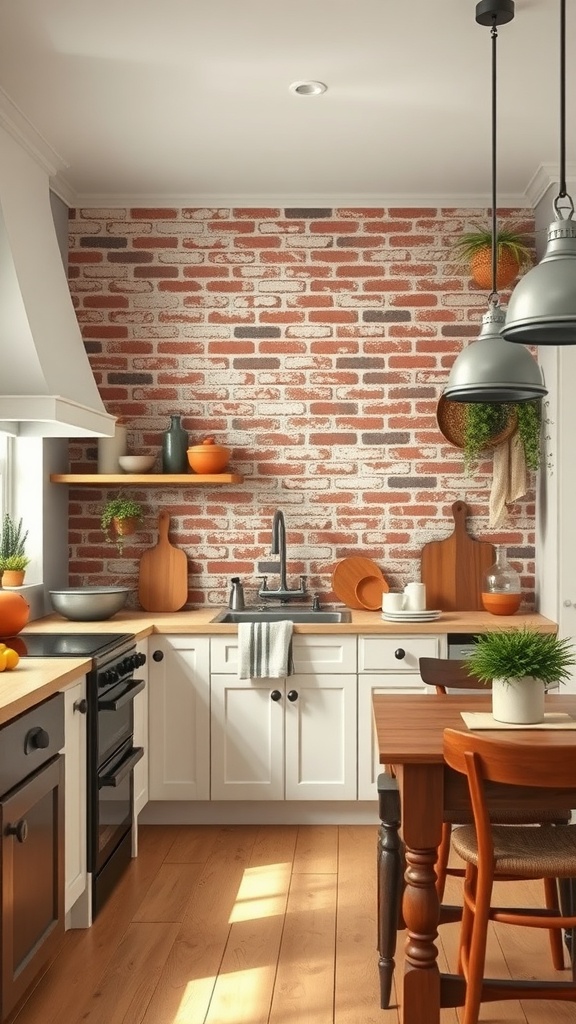 Rustic kitchen with a brick wall and wooden shelves, featuring modern appliances and a wooden table.