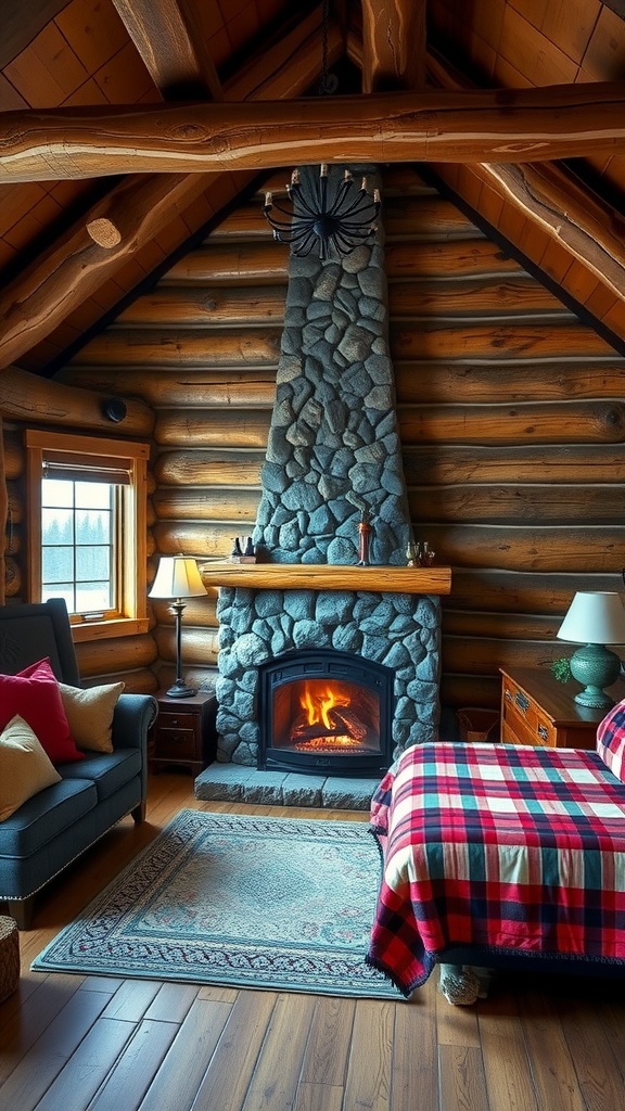 Cozy rustic cabin bedroom with wooden logs, stone fireplace, plaid blanket, and warm lighting.