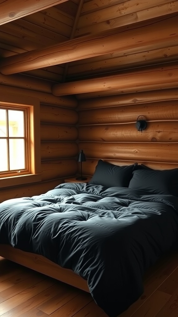 A cozy bedroom in a rustic cabin featuring a black comforter on a wooden bed, surrounded by log walls and a window letting in natural light.
