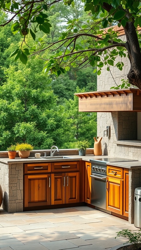 An outdoor kitchen featuring wooden cabinets, a stone wall, and surrounded by lush greenery.