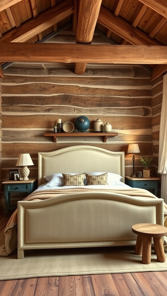 Cozy rustic bedroom with beige bedframe, wooden walls, and checkered bedspread.