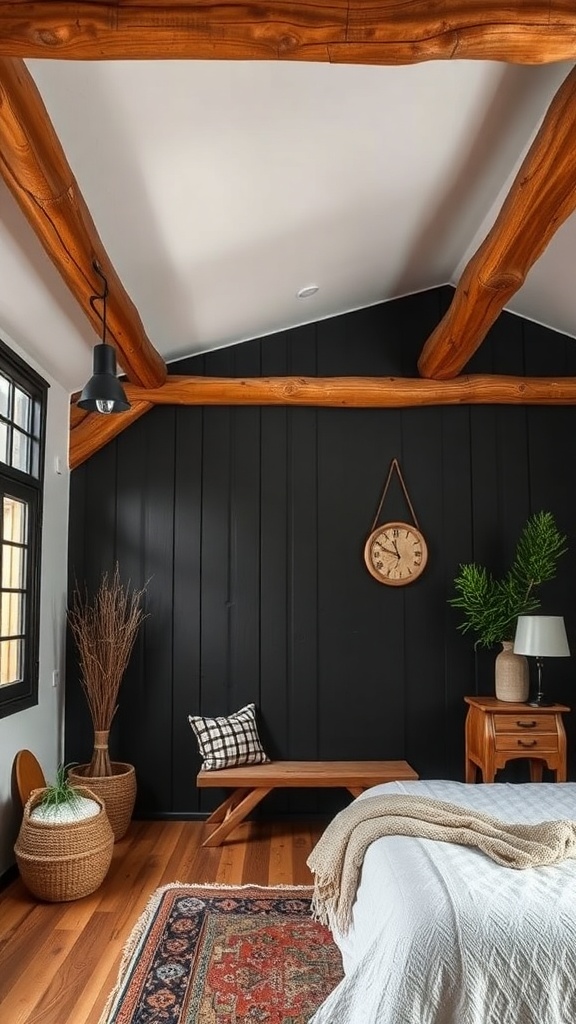 A rustic bedroom featuring a black accent wall with wooden beams, a cozy bed, and natural decor elements.