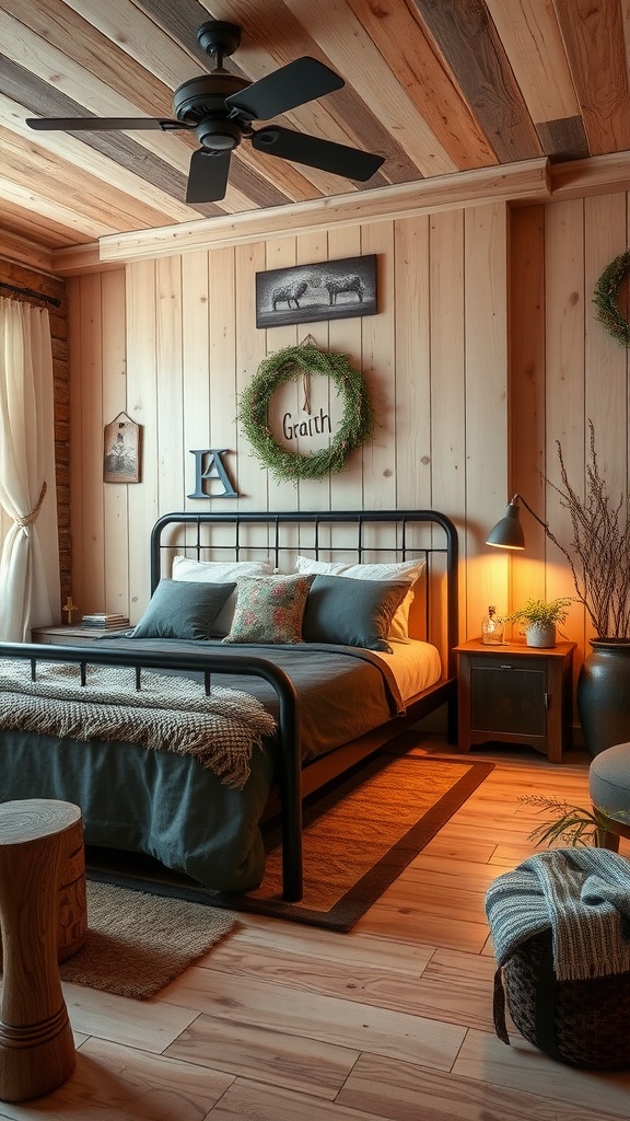 A cozy bedroom featuring a black bedframe, wooden walls, and rustic decor.