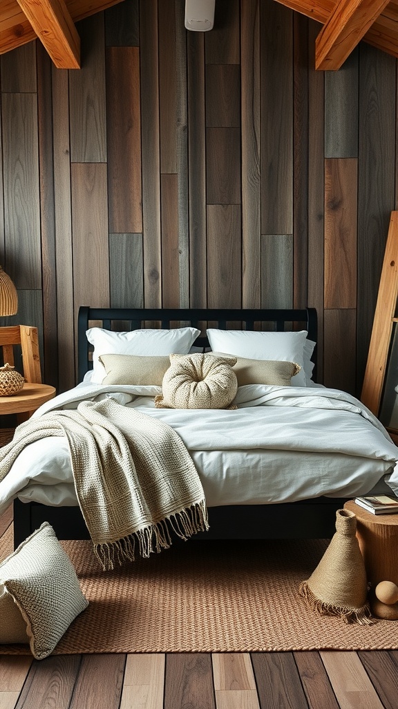 Cozy bedroom with black bed frame, wooden walls, and neutral bedding