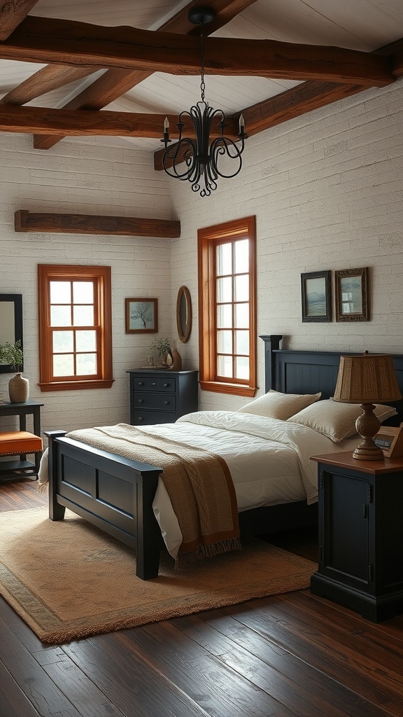 A rustic bedroom featuring black furniture, wooden beams, and warm accents.