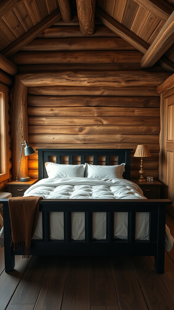A cozy rustic bedroom featuring a black wooden bed against log walls, with soft bedding and warm lighting.