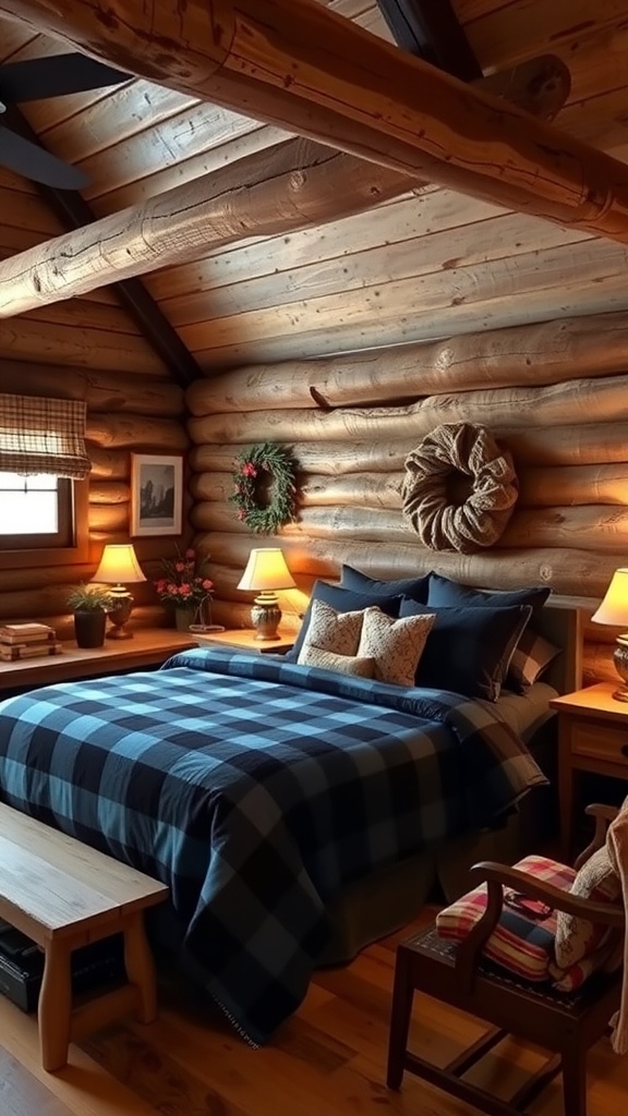 A cozy rustic bedroom featuring wooden beams, log walls, and blue and black plaid bedding.