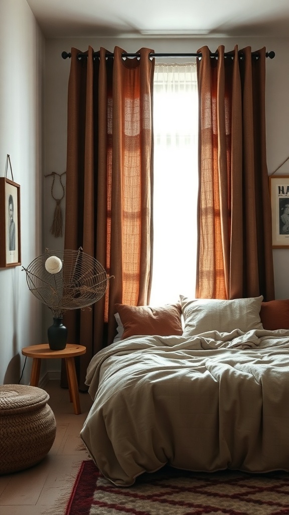 A cozy bedroom featuring black-out curtains in earthy tones, a soft bed, and natural decor.