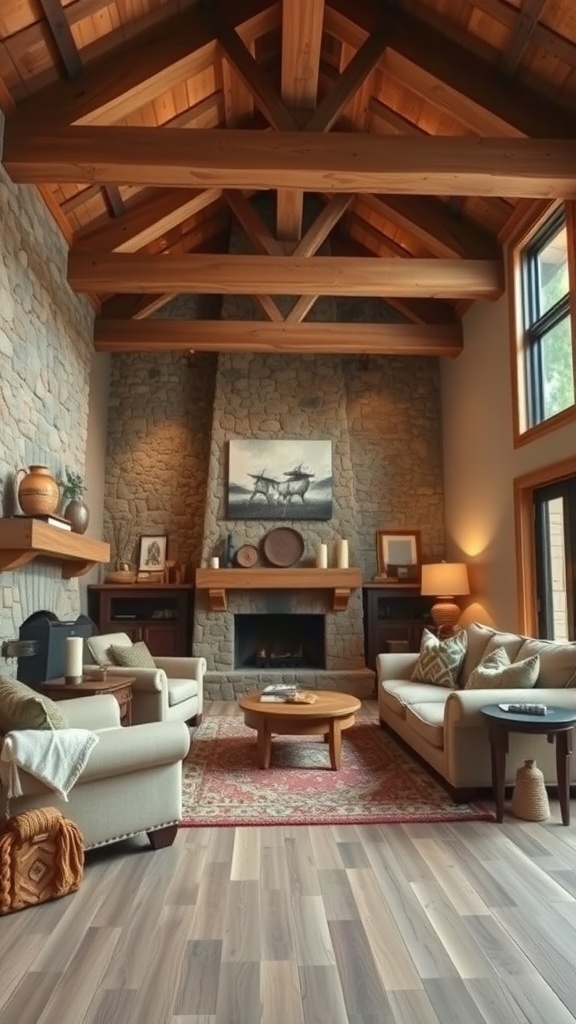 A rustic living room with wooden beams, stone walls, beige sofas, and a round coffee table.