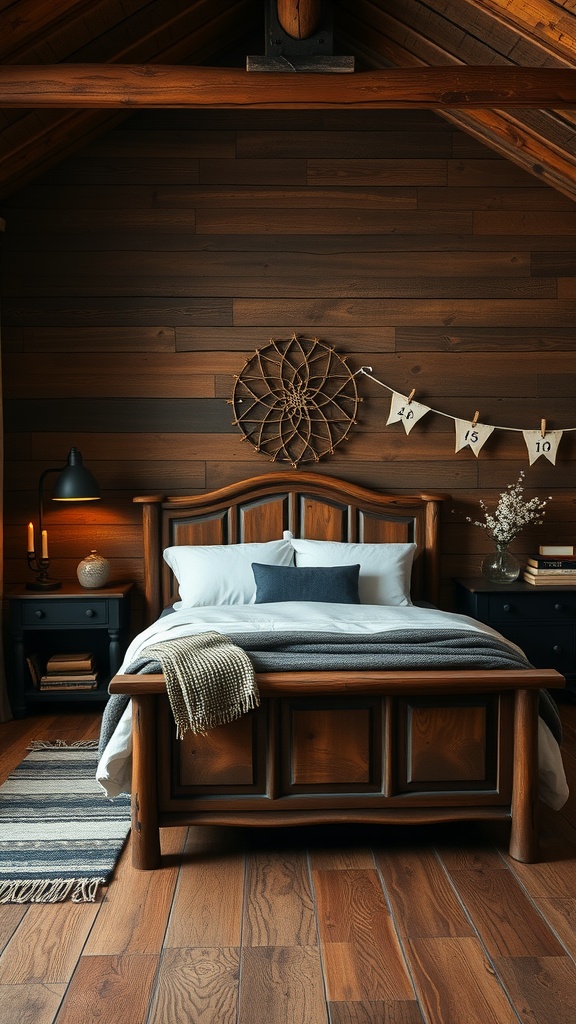 A rustic bedroom with wooden accents, featuring a wooden bed frame, dark nightstands, and warm wood walls.
