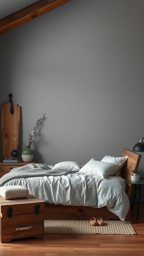 A cozy bedroom featuring a wooden bed frame, gray walls, and rustic decor.