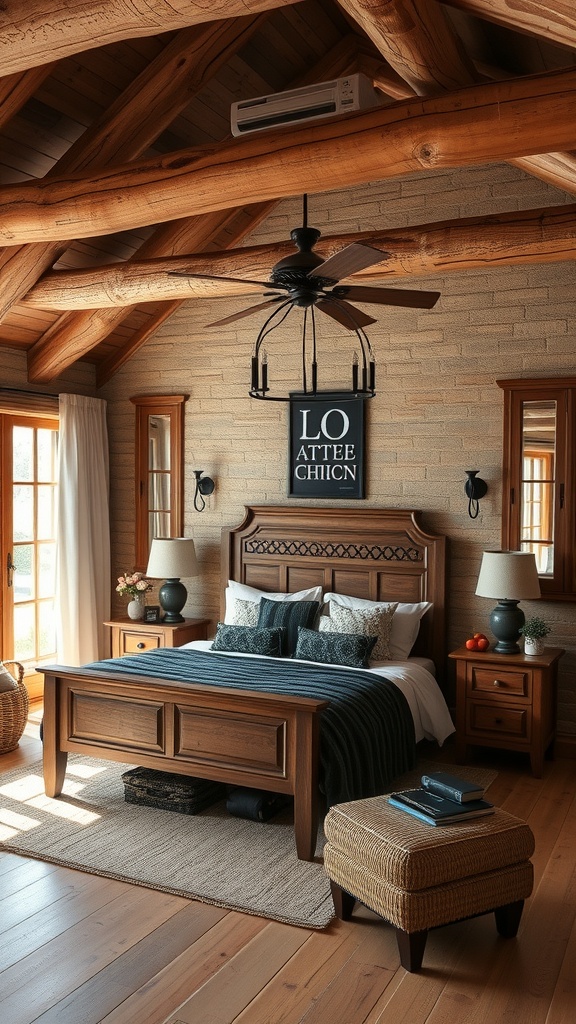 A rustic bedroom featuring wooden beams, a wooden bed frame, and warm earthy tones.