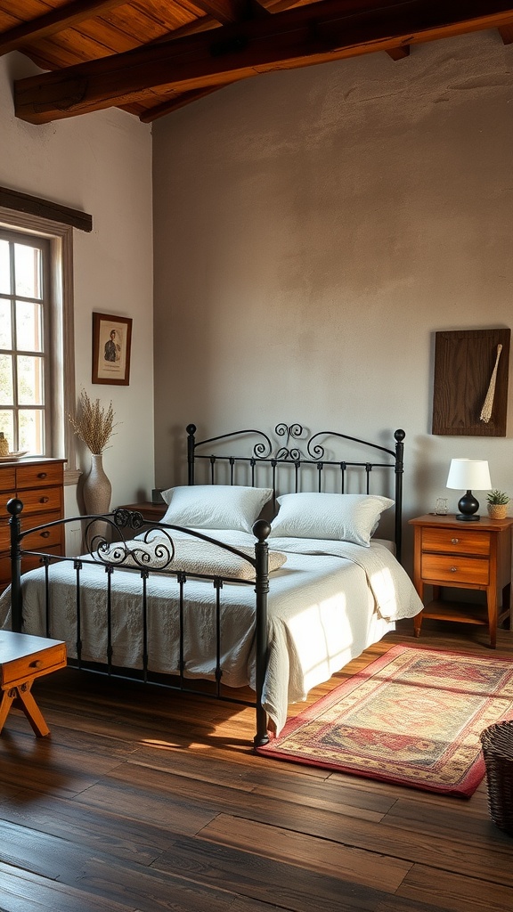 A cozy bedroom with a black metal bed frame and wooden accents, featuring warm lighting and rustic decor.