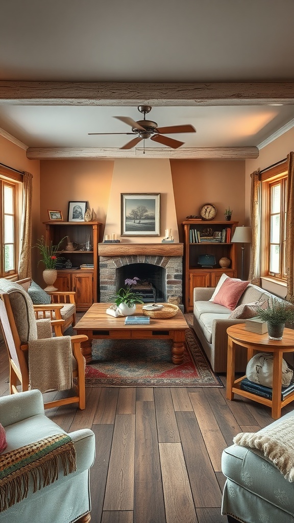 Cozy living room with wooden furniture, a stone fireplace, and warm tones