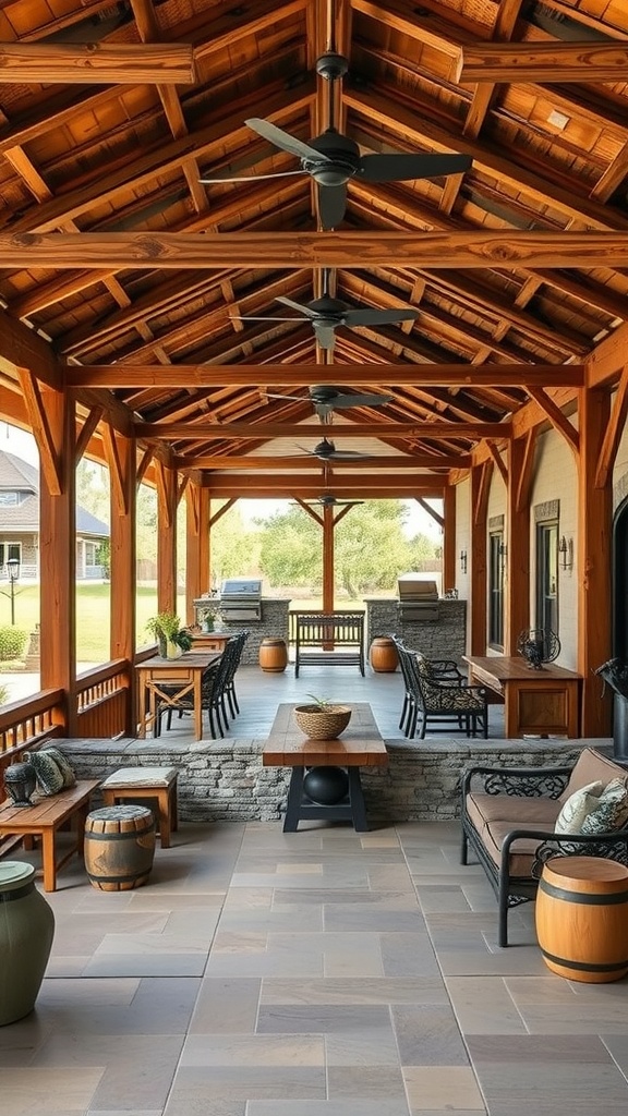 A spacious covered patio featuring wooden beams, comfortable seating, and stone accents.