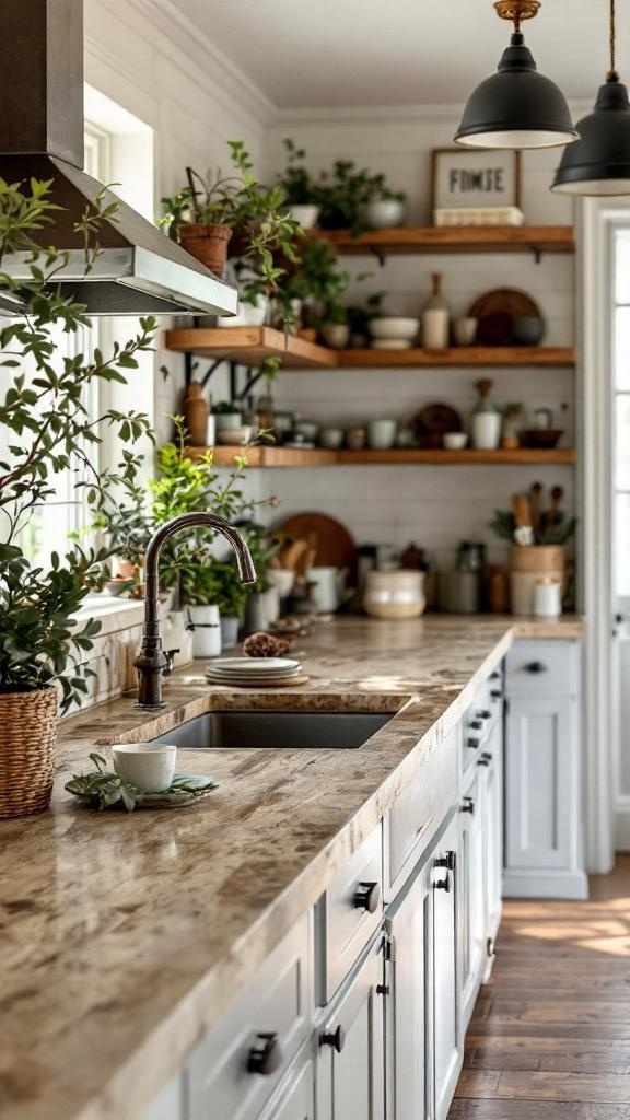 A rustic farmhouse kitchen featuring natural stone countertops, white cabinetry, and open wooden shelves with plants and kitchenware.