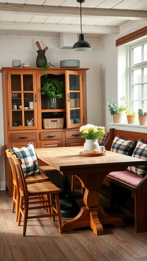 A rustic dining nook featuring a wooden table, comfortable seating with plaid cushions, and a natural light ambiance.