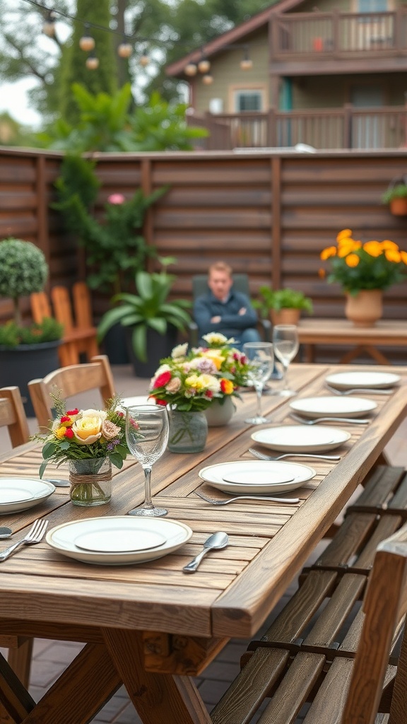 A rustic dining table set up on a patio with flowers, plates, and glasses.