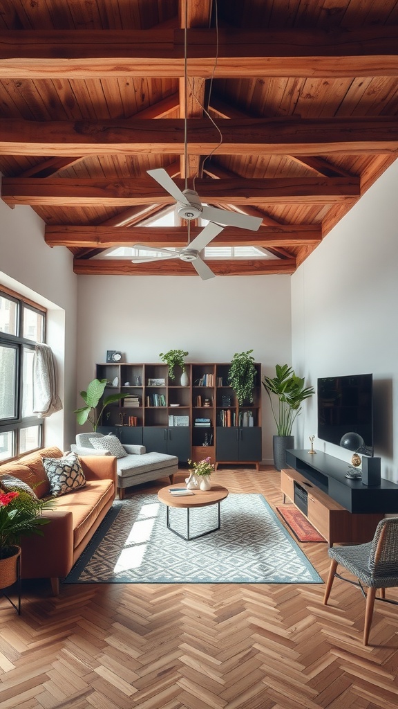 A cozy living room featuring rustic wooden beams, modern furniture, and plants, showcasing a warm apartment aesthetic.