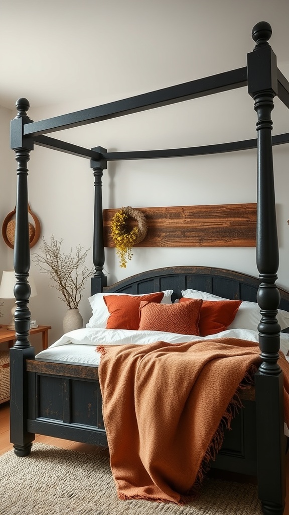 A rustic farmhouse bedroom featuring a black canopy bed with orange and white bedding.