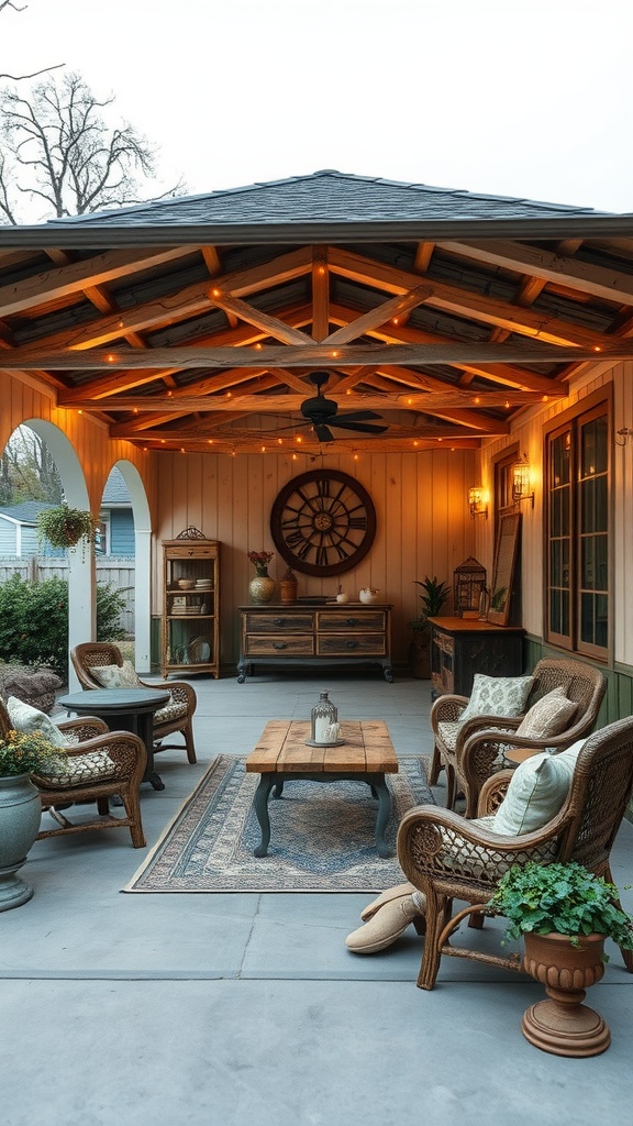 A rustic covered back patio featuring wooden beams, comfortable seating, and warm lighting.