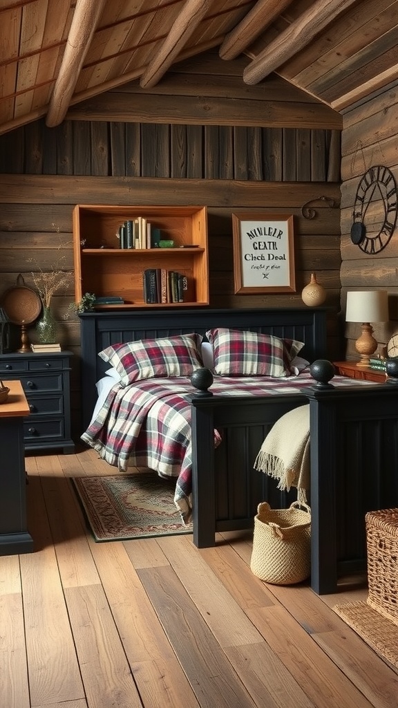 A rustic bedroom featuring black furniture, wooden walls, and a cozy plaid blanket.