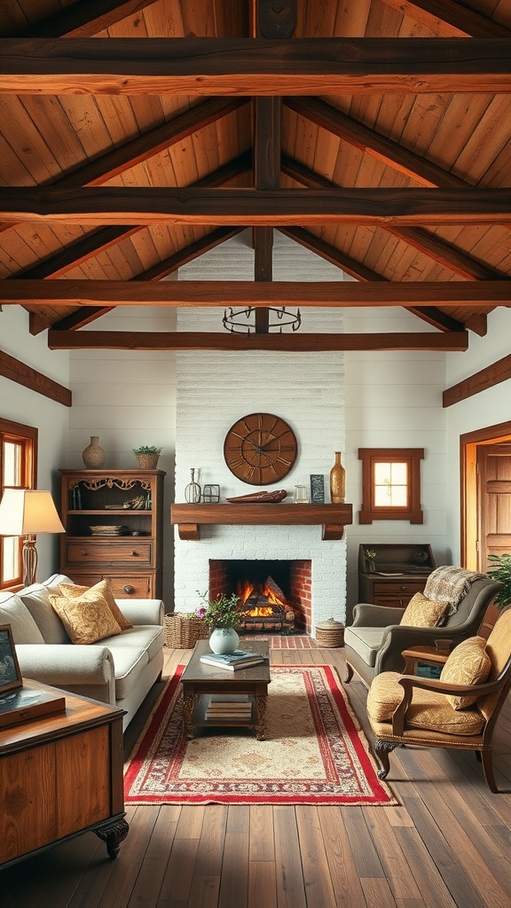 A rustic farmhouse living room with wooden beams, a fireplace, and cozy furniture.