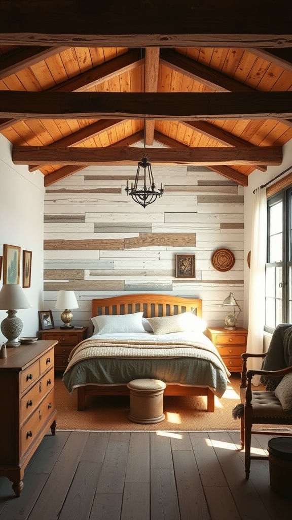 A cozy rustic farmhouse bedroom with wooden beams, slatted walls, and warm colors.