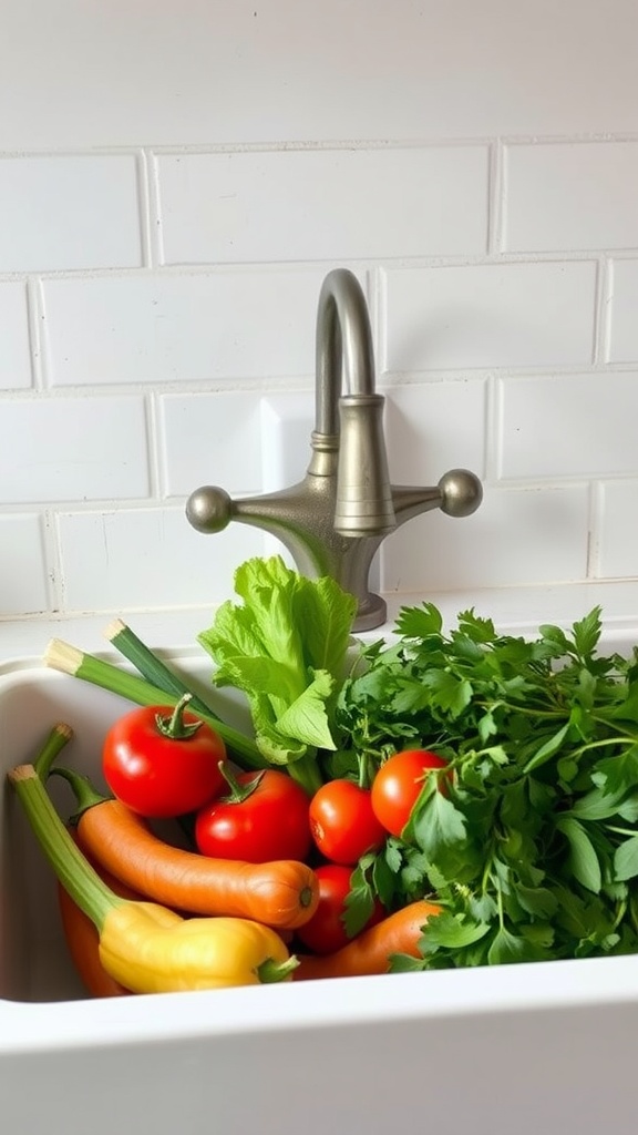 A rustic farmhouse sink filled with fresh vegetables, including tomatoes, carrots, lettuce, and parsley.