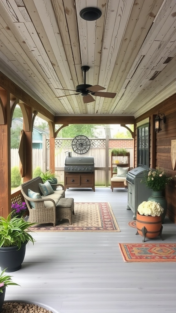 A rustic farmhouse style covered patio with wooden ceiling, wicker chair, and grill.
