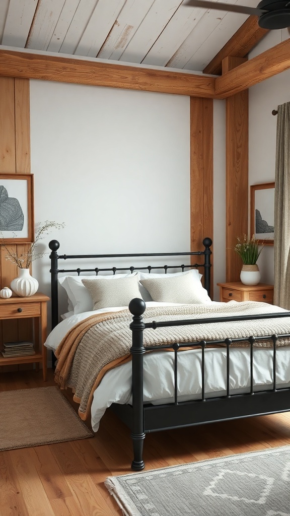 Cozy bedroom with a black bed frame, wooden furniture, and rustic decor.