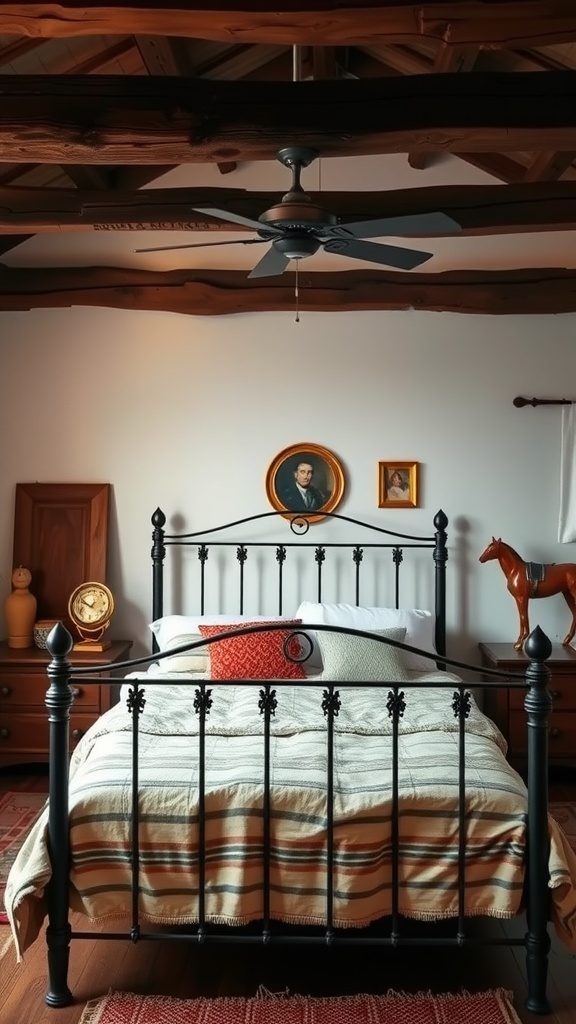 A rustic bedroom featuring a black iron bed frame, wooden beams, and vintage decor.