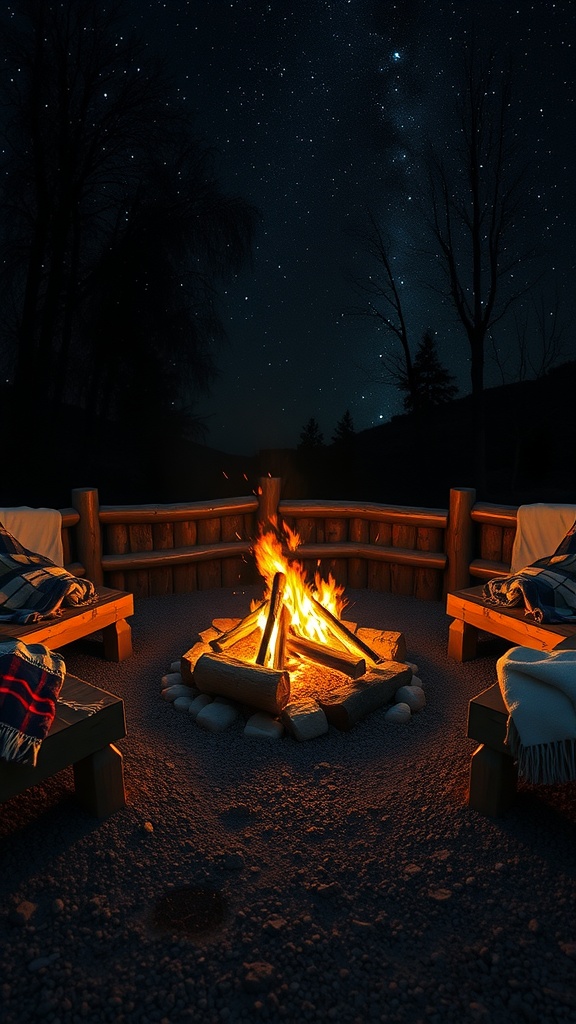 A rustic fire pit area with wooden seating and a glowing fire under a starry night sky.