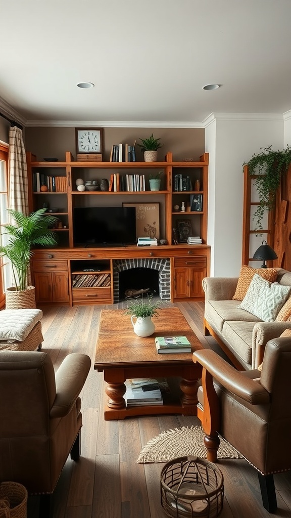Cozy living room with rustic furniture accents, featuring warm wood tones and comfortable seating.