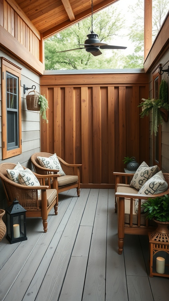 A cozy back porch patio featuring rustic wooden furniture, plants, and soft cushions.