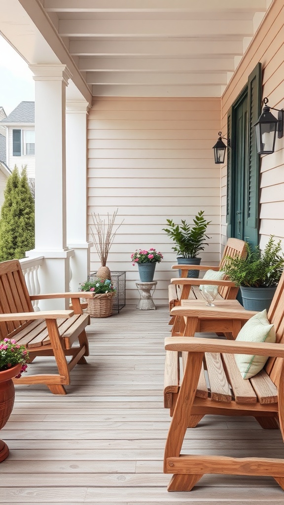 A rustic front porch featuring wooden chairs and potted plants.