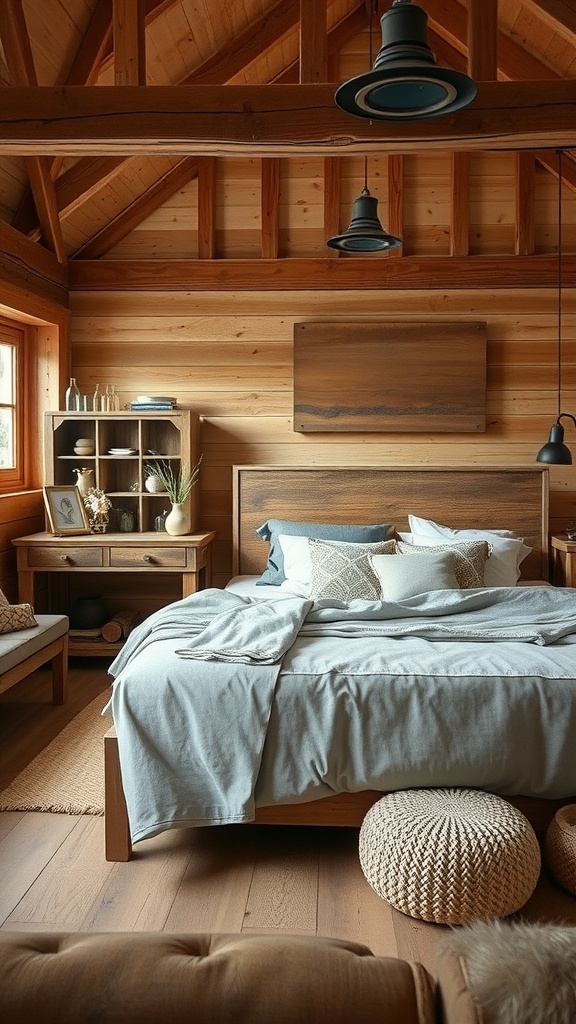Cozy rustic bedroom with gray and beige elements, featuring wooden walls, exposed beams, and soft textiles.
