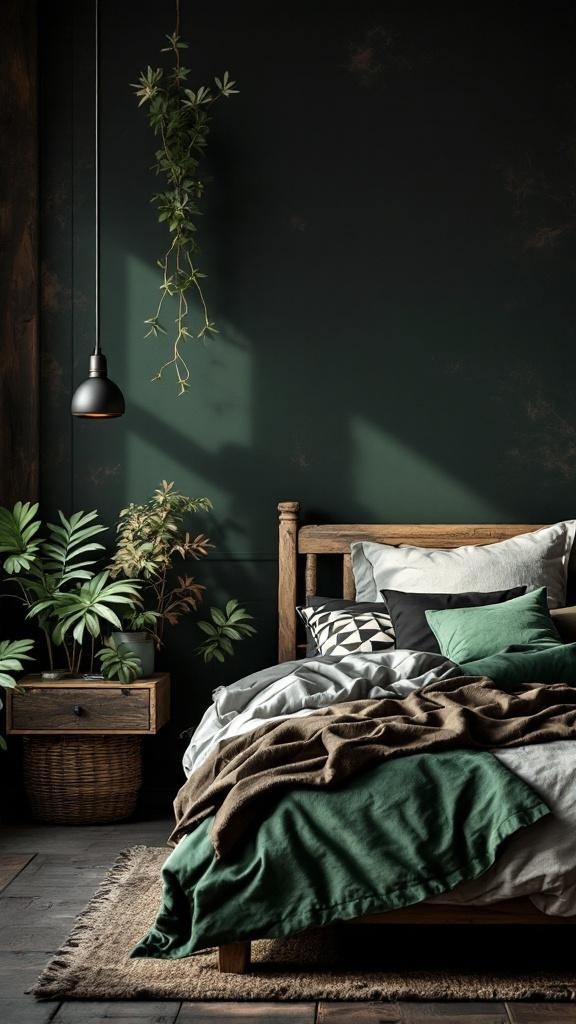 A rustic bedroom featuring dark green walls, a wooden bed frame, and various green pillows and plants.