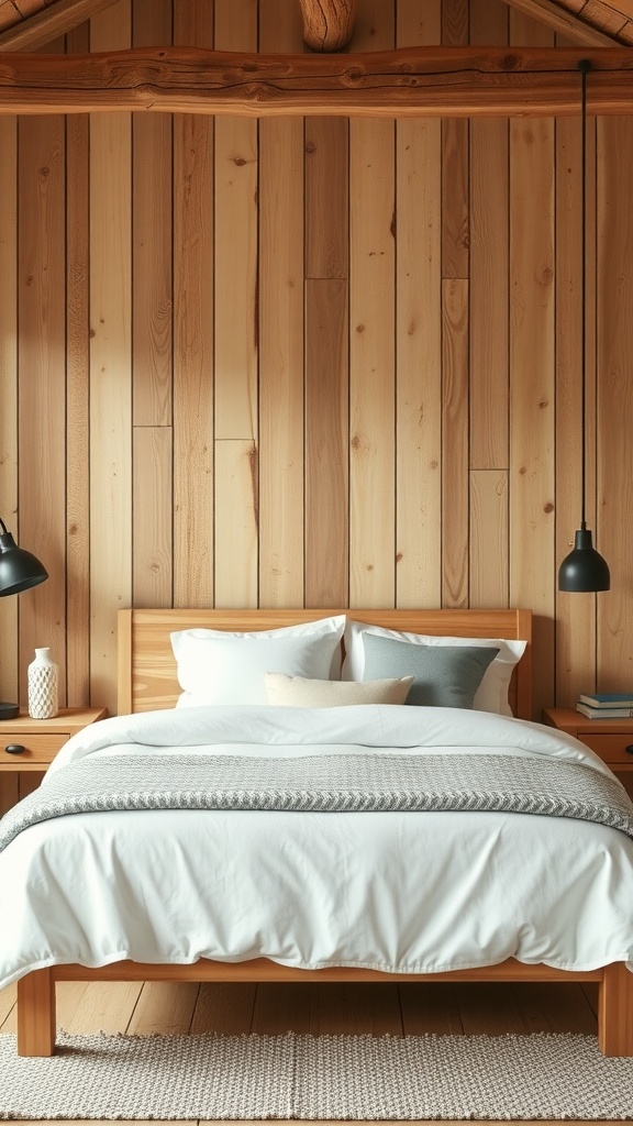 A rustic bedroom featuring wooden walls, a neatly made bed with white linens and a grey throw, and stylish pendant lights.