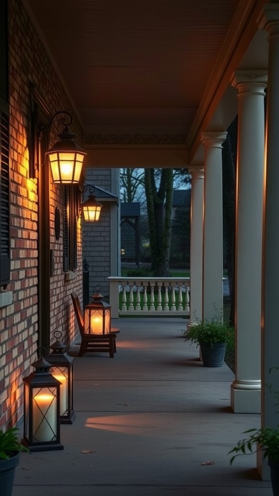 A porch with rustic lanterns illuminating the pathway, creating a cozy atmosphere.