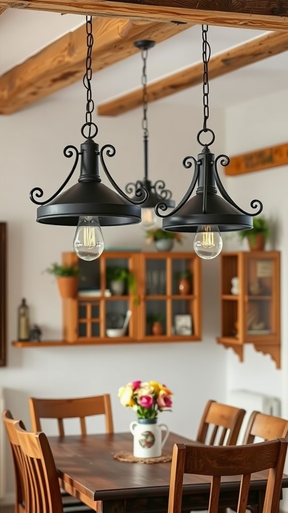 Rustic black hanging light fixtures in a farmhouse kitchen with wooden beams and a dining table.