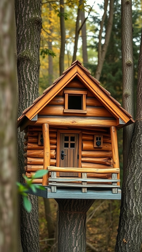 A rustic log cabin birdhouse perched on a tree, featuring a wooden design with a porch and windows.