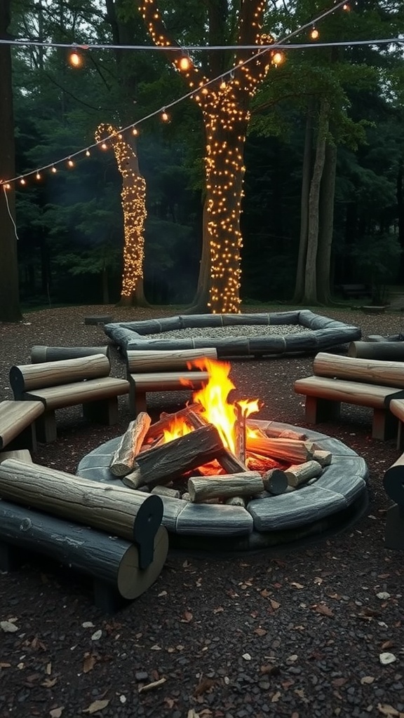 Rustic log fire pit surround with benches and twinkling lights in a wooded area