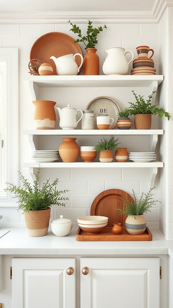 Rustic open shelving in a cozy white kitchen with terracotta and white dishware and greenery.
