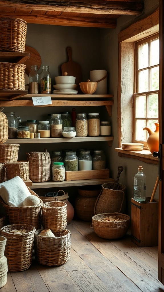 A rustic pantry filled with woven baskets and jars, showcasing a cozy farmhouse kitchen.