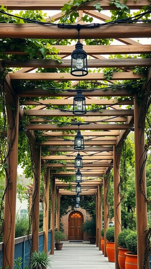 A rustic wooden pergola with climbing vines and lanterns, leading to a door.
