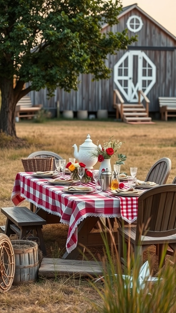A rustic picnic setup with a red and white checkered tablecloth, a white teapot, fresh flowers, and wooden chairs, set against a barn backdrop.