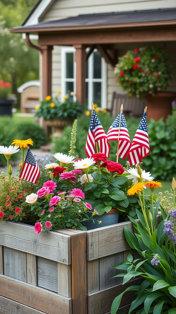 A wooden planter filled with colorful flowers and small American flags.