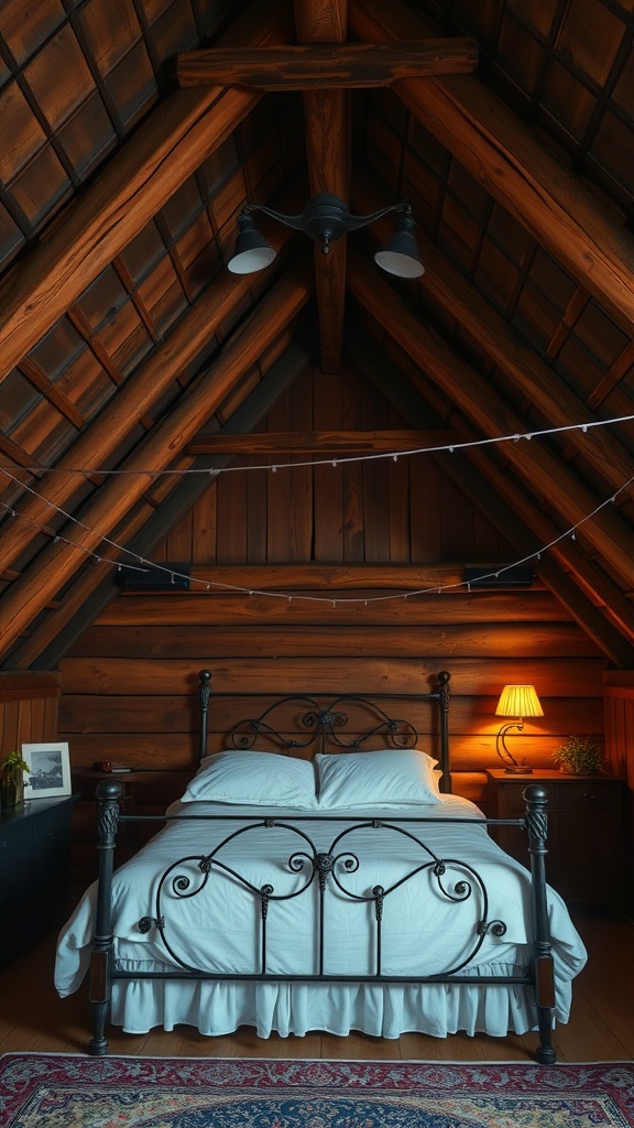 A cozy attic bedroom featuring exposed wooden beams, a metal bed frame with white bedding, and warm lighting.