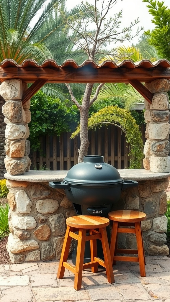 A rustic stone barbecue station with a grill and wooden stools surrounded by greenery.
